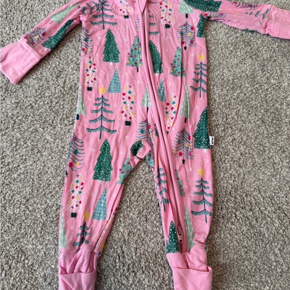Little Sleepies Zippy Romper Pink Christmas Trees NB